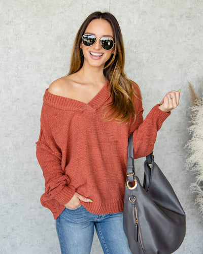 Anna Chenille V-Neck Sweater - Rust