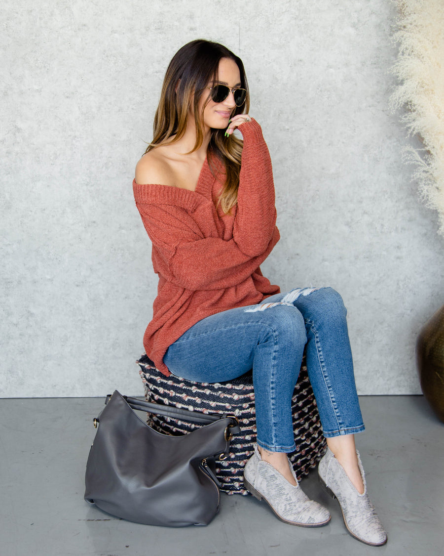 Anna Chenille V-Neck Sweater - Rust