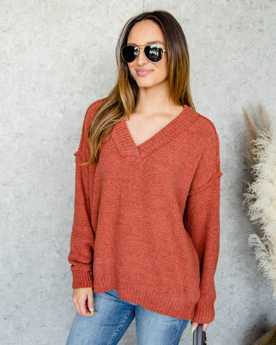 Anna Chenille V-Neck Sweater - Rust