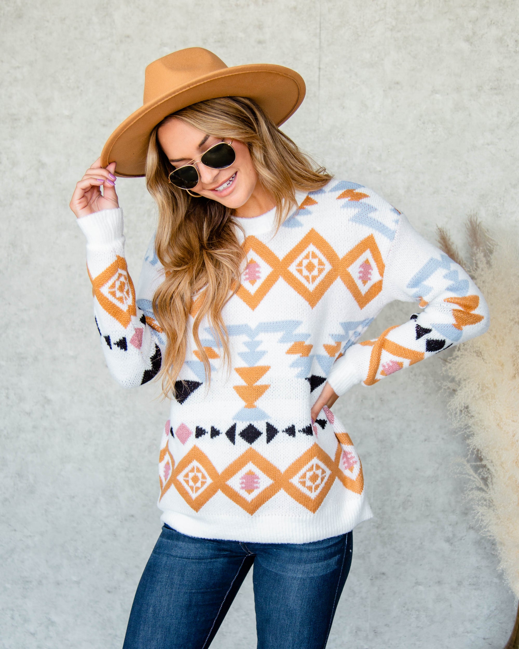 Audrey Aztec Sweater - White - Eleven Oaks Boutique