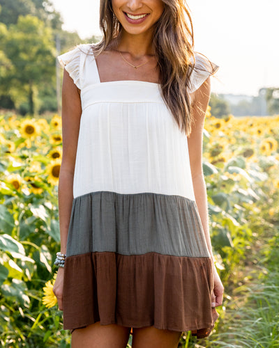 Bridget Color Block Ruffle Dress - Olive Multi