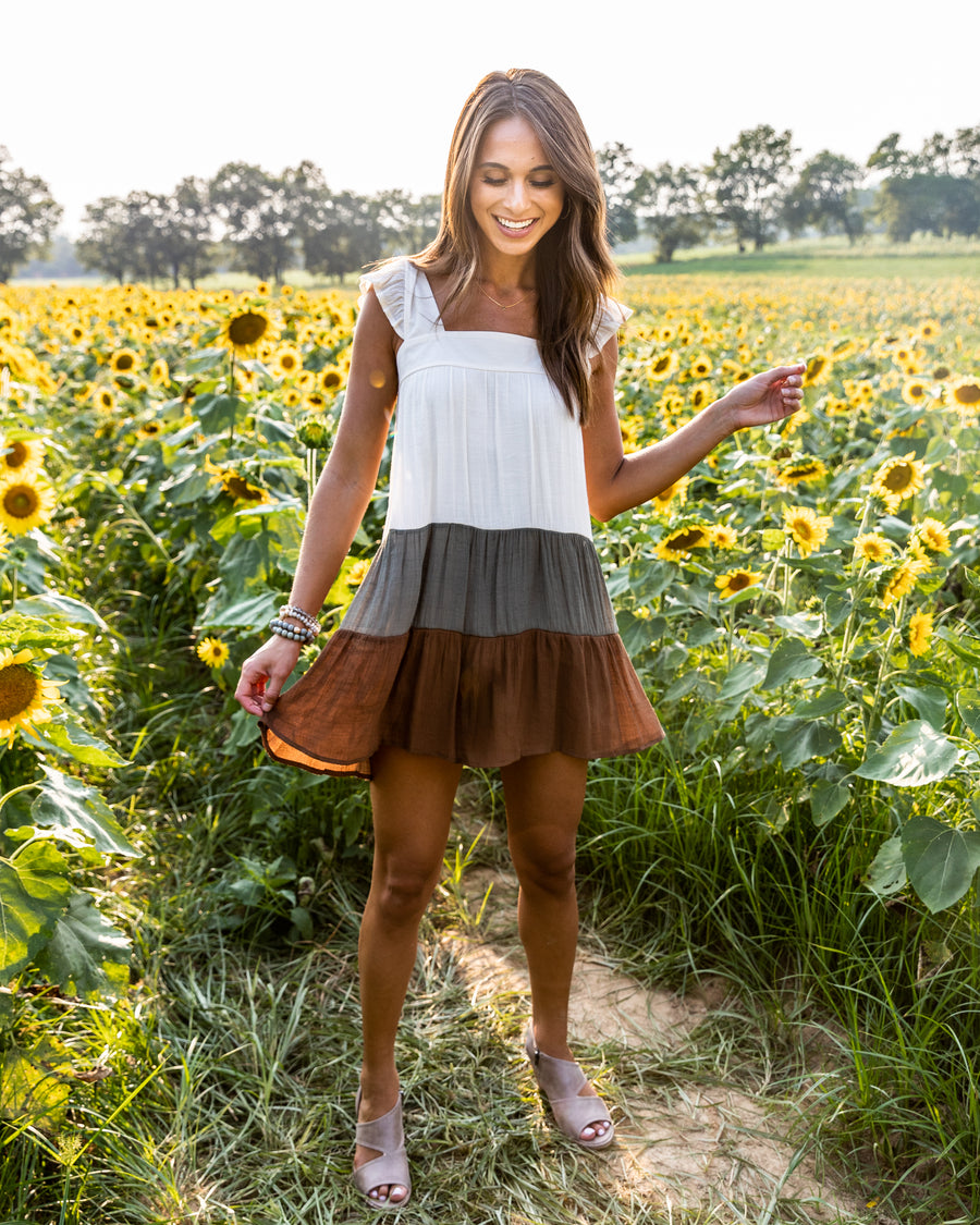 Bridget Color Block Ruffle Dress - Olive Multi