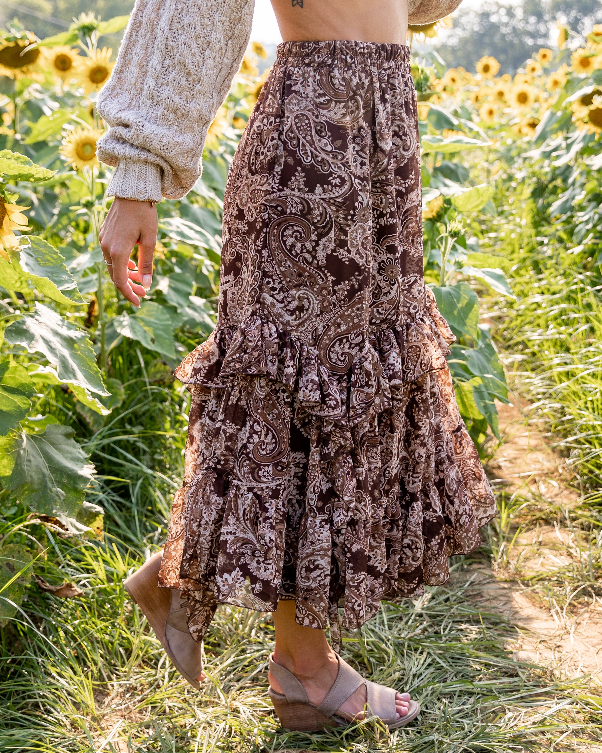 Brina Paisley Ruffle Skirt Mocha Eleven Oaks Boutique