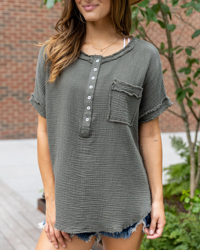 Callie Button Down Top - Dark Olive