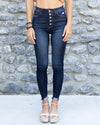 Christina Button Up High Rise Distressed Skinny Jeans - Dark Wash