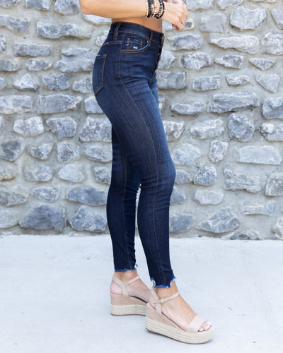 Christina Button Up High Rise Distressed Skinny Jeans - Dark Wash