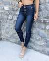 Christina Button Up High Rise Distressed Skinny Jeans - Dark Wash