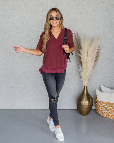 Crew V-Neck Waffle Knit Top - Faded Red