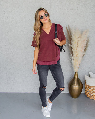 Crew V-Neck Waffle Knit Top - Faded Red