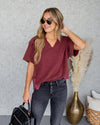 Crew V-Neck Waffle Knit Top - Faded Red
