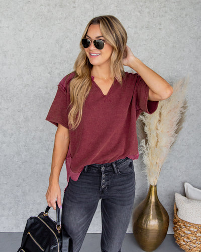 Crew V-Neck Waffle Knit Top - Faded Red