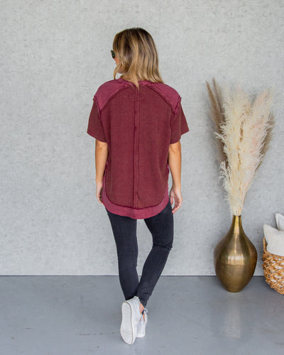 Crew V-Neck Waffle Knit Top - Faded Red