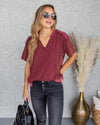 Crew V-Neck Waffle Knit Top - Faded Red