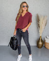 Crew V-Neck Waffle Knit Top - Faded Red