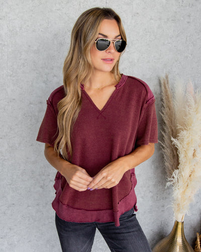 Crew V-Neck Waffle Knit Top - Faded Red