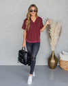 Crew V-Neck Waffle Knit Top - Faded Red