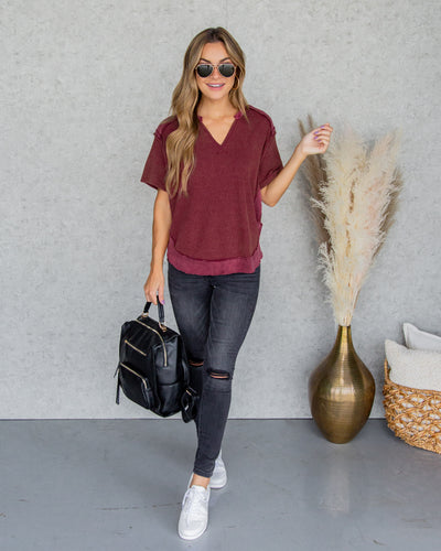 Crew V-Neck Waffle Knit Top - Faded Red