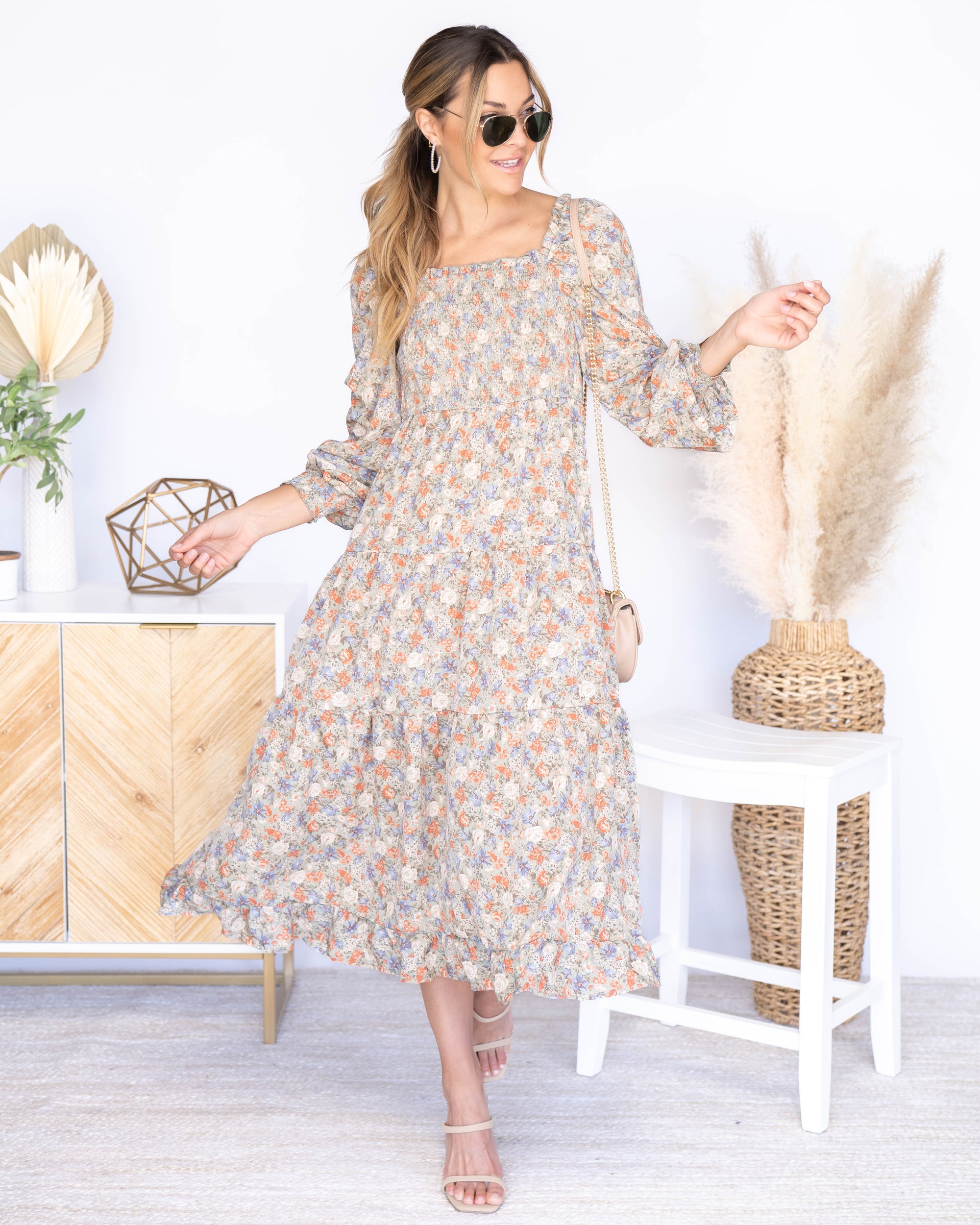 Reese Ditsy Floral Smocked Midi Dress - Sage - Eleven Oaks Boutique
