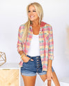 Brooke Hooded Plaid Button Down Top - Mauve Multi