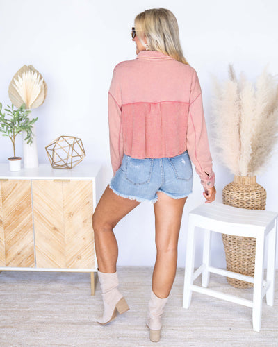 Skylar Button Down Cropped Waffle Knit Shacket - Faded Brick