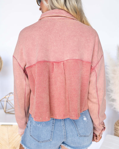 Skylar Button Down Cropped Waffle Knit Shacket - Faded Brick