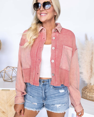 Skylar Button Down Cropped Waffle Knit Shacket - Faded Brick
