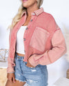 Skylar Button Down Cropped Waffle Knit Shacket - Faded Brick