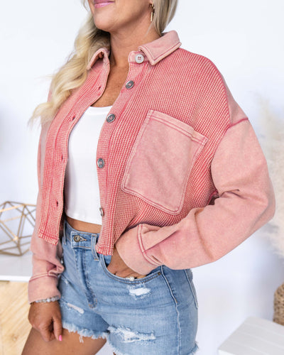 Skylar Button Down Cropped Waffle Knit Shacket - Faded Brick