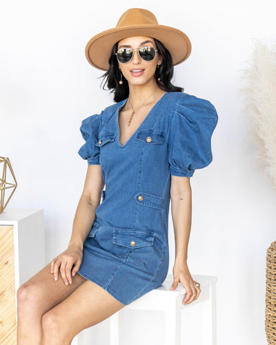 Dawn Fitted Puff Sleeve Pocketed Dress - Medium Wash
