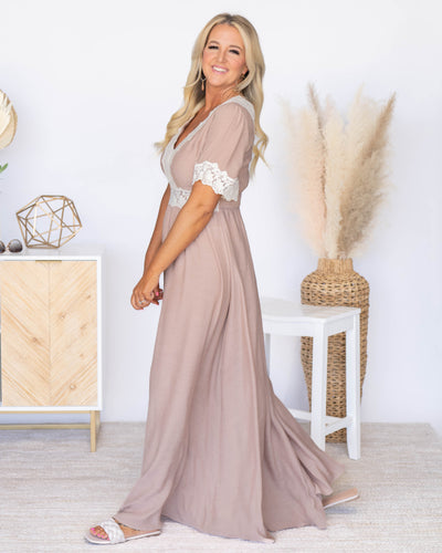 Alexandra V-Neck Lace Maxi Dress - Taupe