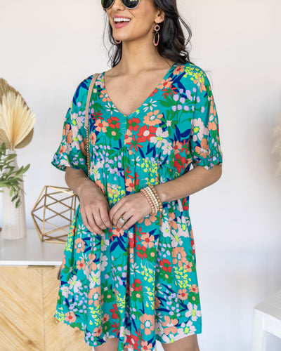 Adeline V-Neck Floral Babydoll Dress - Teal Multi