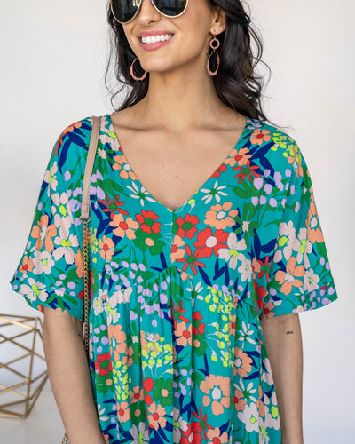 Adeline V-Neck Floral Babydoll Dress - Teal Multi