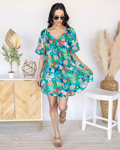 Adeline V-Neck Floral Babydoll Dress - Teal Multi