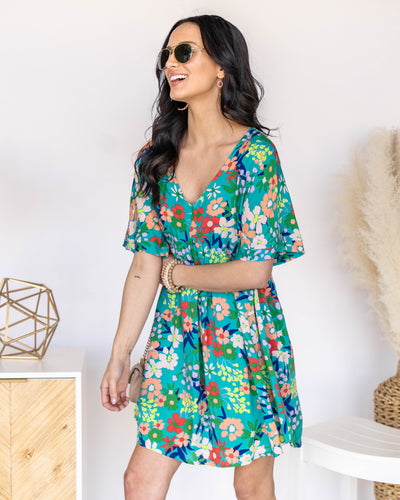 Adeline V-Neck Floral Babydoll Dress - Teal Multi