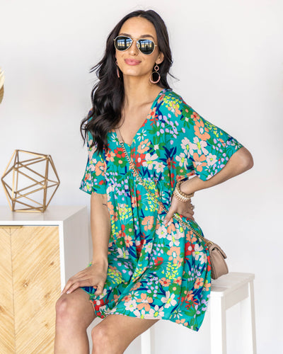 Adeline V-Neck Floral Babydoll Dress - Teal Multi