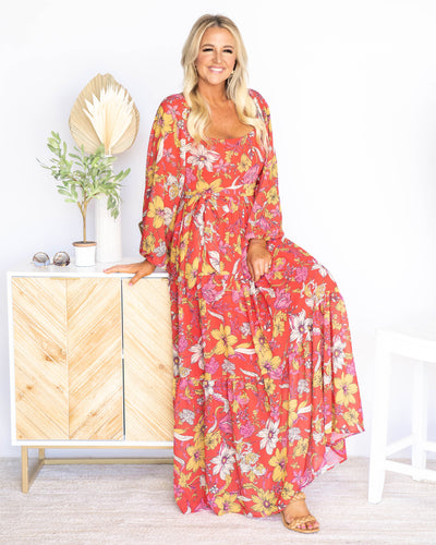 Kira Tiered Ruffle Floral Maxi Dress - Red