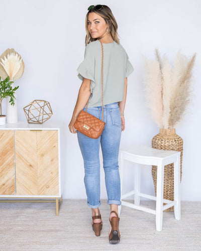 Drew Ruffle Sleeve Ruched Cropped Top - Sage