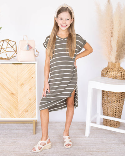 Stella Striped V-Neck Dress - Olive