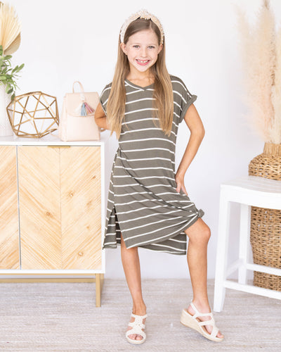 Stella Striped V-Neck Dress - Olive