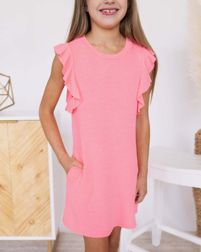 Fallon Flutter Sleeve Dress - Neon Pink