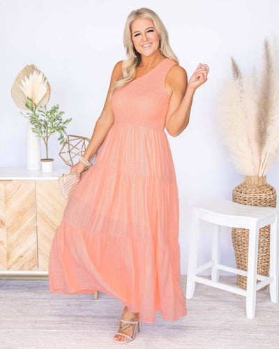 Kayleen One Shoulder Smocked Maxi Dress - Apricot