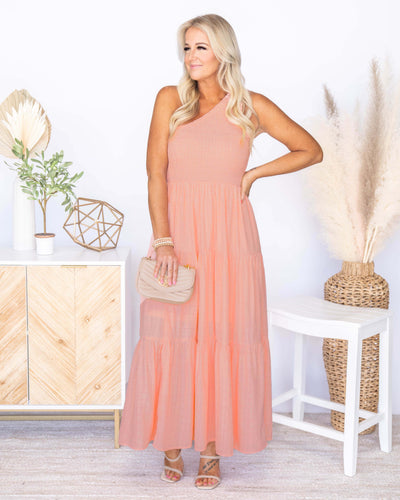 Kayleen One Shoulder Smocked Maxi Dress - Apricot