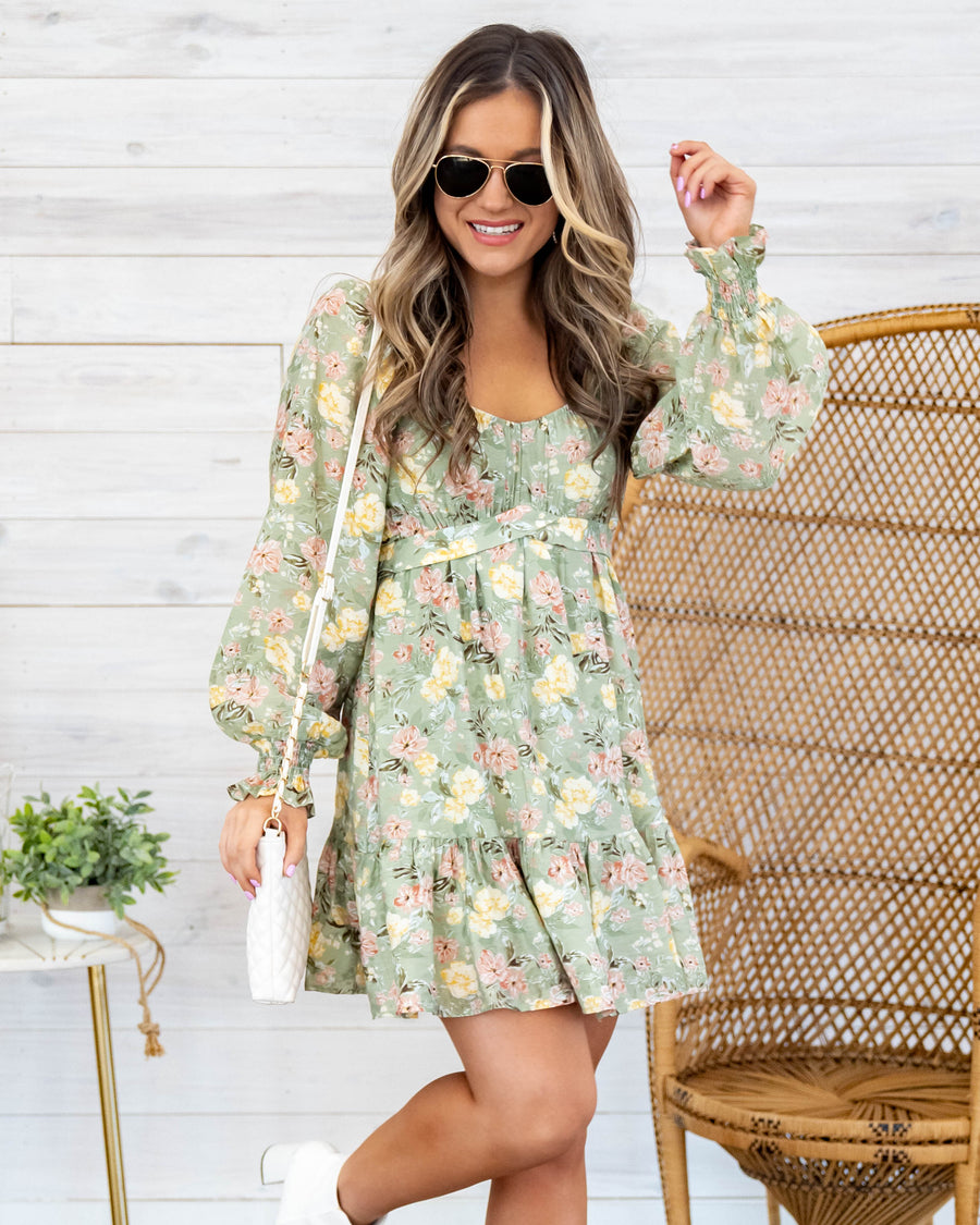 Bianca Floral Sweetheart Neckline Dress - Light Olive