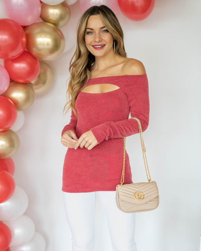 Millie Off Shoulder Ribbed Cutout Top - Red