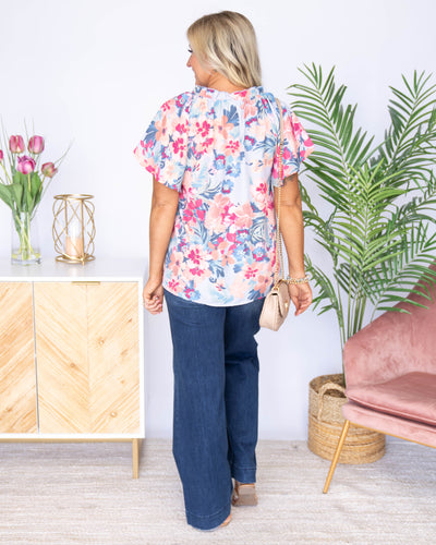 Macy V-Neck Floral Blouse - Dusty Blue