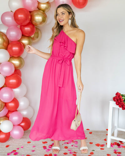 Madeline One Shoulder Ruffle Maxi Dress - Fuchsia