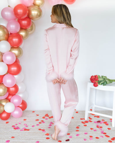 Trisha Button Down Feather Pom Pom Pajama Top - Candy Hearts Pink