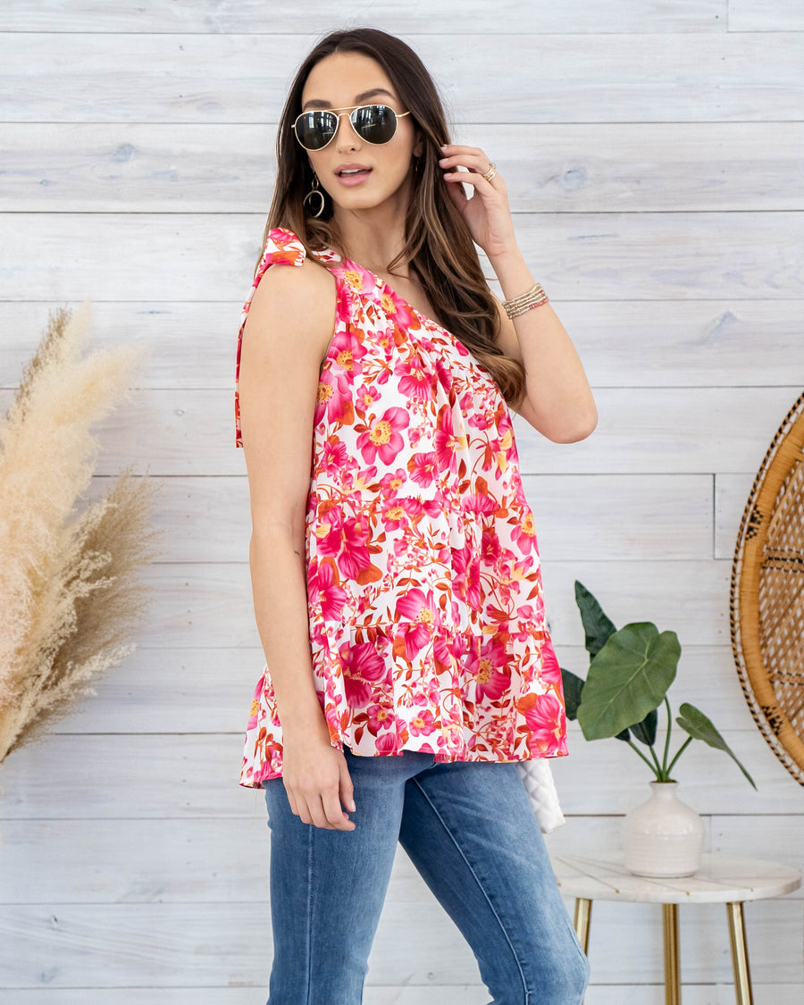 Rebecca One Shoulder Tiered Floral Top - Fuchsia Multi