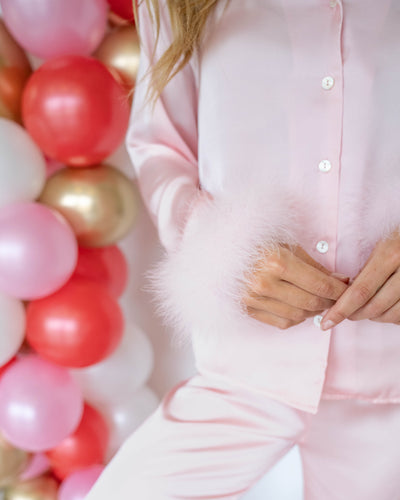 Trisha Button Down Feather Pom Pom Pajama Top - Candy Hearts Pink