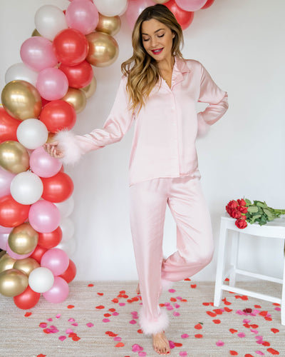 Trisha Button Down Feather Pom Pom Pajama Top - Candy Hearts Pink